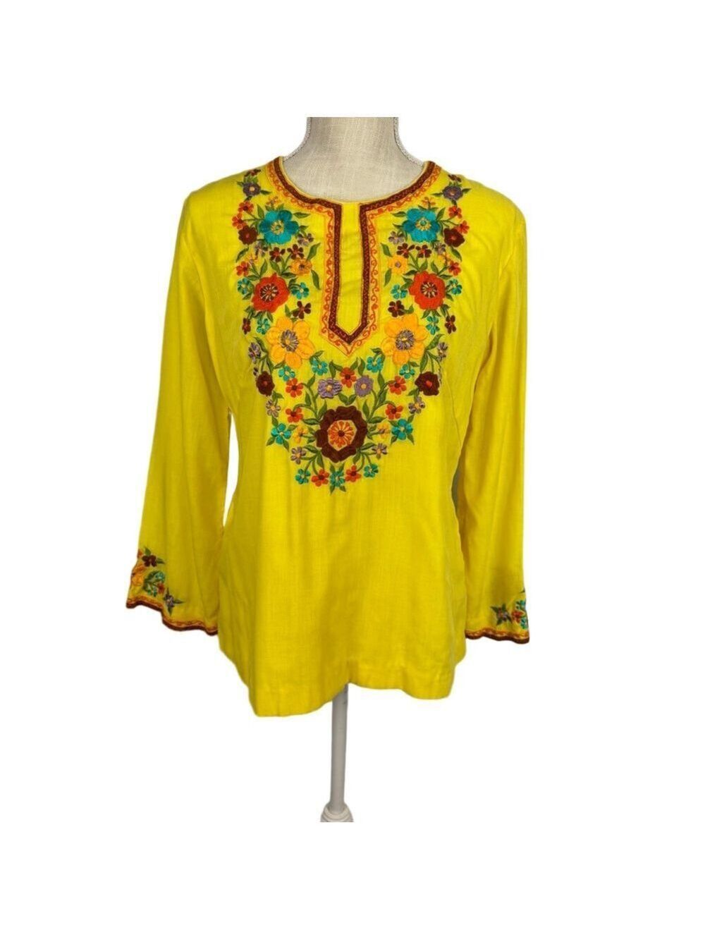 Vintage Yellow Floral Embroidered Top Long Sleeve Women's M